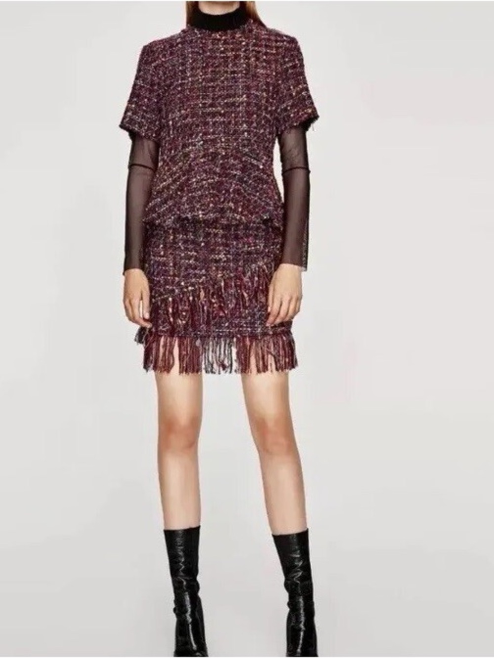 Zara 2 Piece Set Multicolor Tweed Matching Coord Skirt + PeplumTop NWT Size S